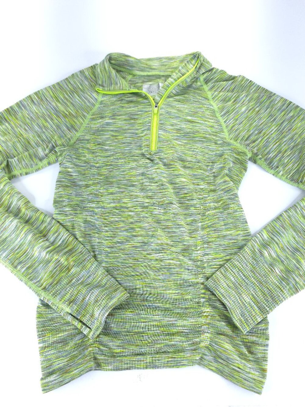 ATHLETA Fastest Track  Half Zip Space Dye Green Pullover Waist Grip Thumb holes